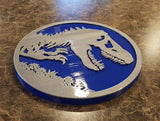 Jurassic World Inspired Tyrannosaurus Rex Dinosaur Sign / Plaque - Dual Blue / Silver Color